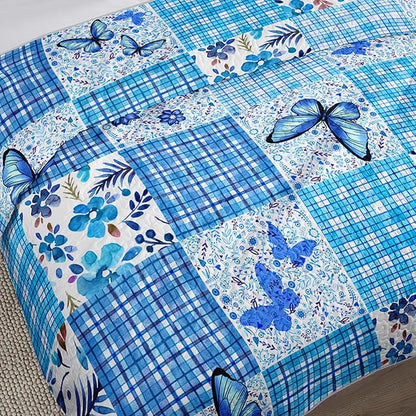 QOOMO Patchwork Quilt Set King Size,Floral Bedspread Coverlet Set,Butterflies 3Pcs Bedding Set Printed Quilt with 2 Pillowcases,Soft and Lightweight,for All Seasons