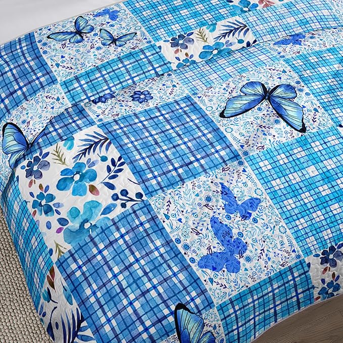 QOOMO Patchwork Quilt Set Twin Size,Floral Bedspread Coverlet Set,Butterflies 3Pcs Bedding Set Printed Quilt with 2 Pillowcases,Soft and Lightweight,for All Seasons