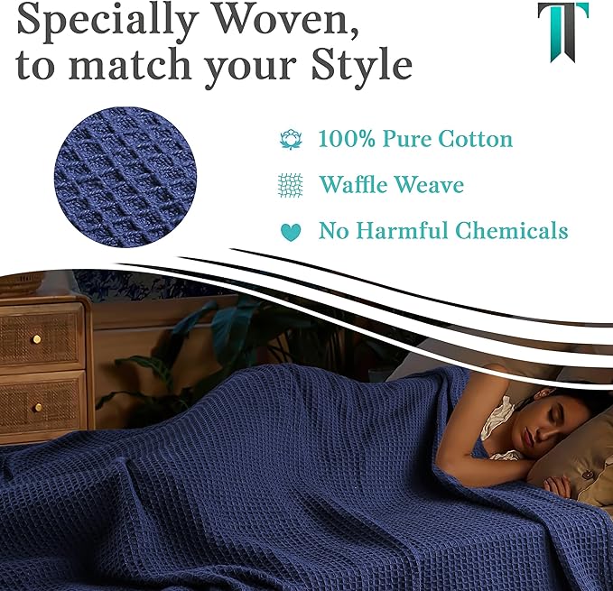 Tex Trend 100% Cotton Blanket – Soft and Breathable Twin XL Navy Blue Waffle Blanket – for Christmas & All Season Comfort – Suitable for Bed Layering, Sofa, Couch (60”x90”)