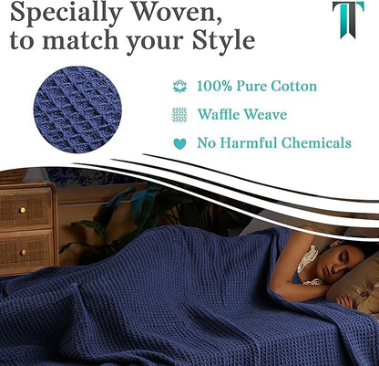 Tex Trend 100% Cotton Blankets King Size – Durable and Versatile Waffle Weave Blankets for Christmas & Year Round Coziness – Breathable & Lightweight - Navy Blue (90”x108”)