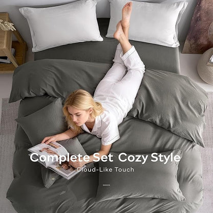 JELLYMONI 100% Washed Cotton Duvet Cover Queen – Soft, Breathable Linen-Look Bedding with Natural Wrinkle Texture, Button Closure, 3-Piece Set (Dark Grey, 90"x90")