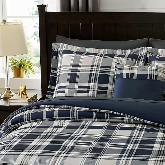 MaiRêve Queen Size Comforter Set Navy Blue, Classic Plaid Farmhouse 7 Pieces Bedding Set, All Season Lightweight Bed in a Bag with Sheets, Pillowcases & Shams