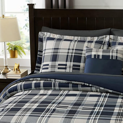 MaiRêve Queen Size Comforter Set Navy Blue, Classic Plaid Farmhouse 7 Pieces Bedding Set, All Season Lightweight Bed in a Bag with Sheets, Pillowcases & Shams