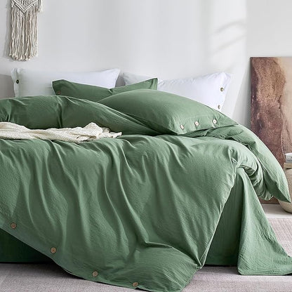 JELLYMONI 100% Washed Cotton Duvet Cover Twin – Soft, Breathable Linen-Look Bedding with Natural Wrinkle Texture, Button Closure, 3-Piece Set (Dusty Green, 68"x90")