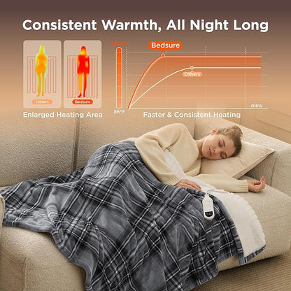 Bedsure Plaid Heated Throw Blanket - Flannel Sherpa Electric Blanket with Plaid Pattern, Heating with 6 Heating Levels, 4 Time Settings, 3-Hour Auto-Off, Warm Gifts for Grandma (Grey, 50"x60")