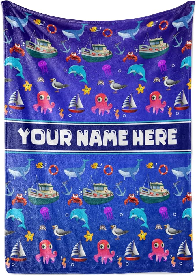 Blanket for Kids | Custom Marine Animals Fleece Throw | Blue Kids Throw | Baby Girl Blanket | Ocean Gifts (60x80 Fleece - V1)