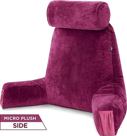 Husband Pillow Medium - Reading Bed Pillow with Arms - Premium Shredded Memory Foam Bed Pillow for Sitting Up - Aspen Edition Sldig Raspberry - Reversible 2 Sided Cover with Plush Microfiber and Suede