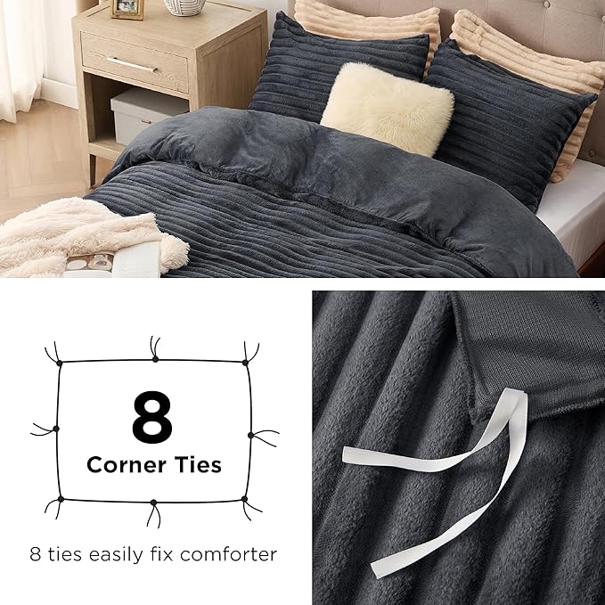 Bedsure Fluffy Duvet Cover Set - Ultra Soft Plush Shaggy Comforter Cover King Size, Warm Flannel Fleece Bed Sets for Winter, 3 Pieces (Striped Pattern, Dark Grey)