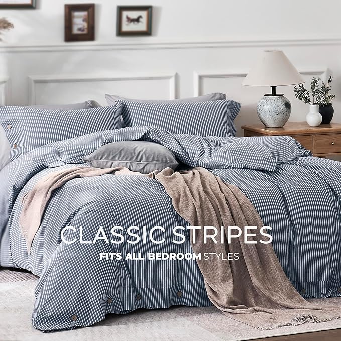 JELLYMONI Cotton Duvet Cover Cal King Size - Blue Vertical Pinstriped Comforter Cover with Button 100% Washed Cotton 3PCS Breathable Soft Bedding Set Duvet Cover 104×98in & 2 Pillowcases