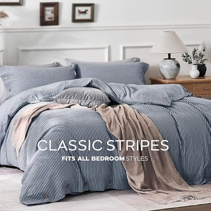 JELLYMONI Cotton Duvet Cover Cal King Size - Blue Vertical Pinstriped Comforter Cover with Button 100% Washed Cotton 3PCS Breathable Soft Bedding Set Duvet Cover 104×98in & 2 Pillowcases