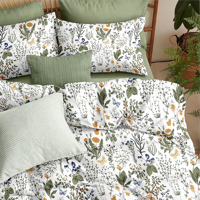 Floral Duvet Cover Queen Size Green Floral Botanical Bedding Set with Yellow Flower Kids Boys Girls Vintage Garden Style Fall Reversible Soft Breathable Microfiber Duvet Cover Set, 3 Pieces