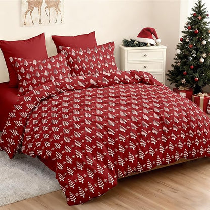 Red Christmas Duvet Cover King Xmas Bedding Set Pine Tree Snowflakes Pattern, Christmas Theme Bedding for Guest Room Bedroom Decor Soft Microfiber Comforter Cover with 2 Pillowcases