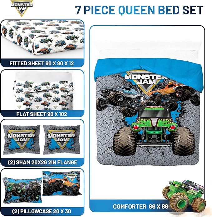 Jay Franco Kids Comforter Set Includes Sheets and Pillow Covers - Soft and Cozy Bed Set for Stylish Room Decor, Gray - Monster Jam 01, 7 Piece Queen Size Bedding
