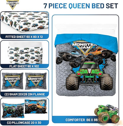 Jay Franco Kids Comforter Set Includes Sheets and Pillow Covers - Soft and Cozy Bed Set for Stylish Room Decor, Gray - Monster Jam 01, 7 Piece Queen Size Bedding