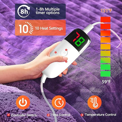 greenoak Heated Electric Blanket Throw, Faux Fur Sherpa Heating Blanket for Sofa Bed, Warm Winter Gifts for Women/Her, Heater Lap Blankets 5-Position Timer &10 Heating Levels 62''*84" Purple