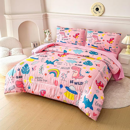 MWMWMW 5 Pcs Pink Dinosaur Bedding Twin for Girls Kids, Kawaii Dinosaur Comforter Twin, Girls Comforter Set Twin with 1 Comforter, 1 Flat Sheet, 1 Fitted Sheet and 2 Pillowcases