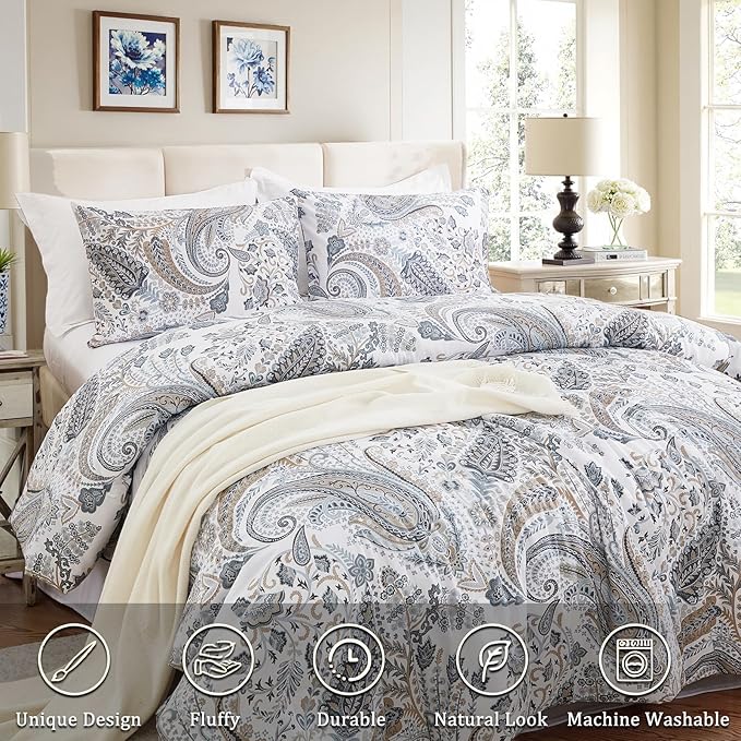 Grey Paisley Duvet Cover King Size 100% Cotton Comforter Covers Soft & Breathable 3 Pcs Luxury Duvet Cover Sets with Zipper Closure All Season