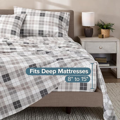 Bare Home Cotton Flannel Sheet Set Prints, 100% Cotton, Velvety Soft Heavyweight - Double Brushed for Softness & Comfort - Deep Pocket - Bed Sheets - Cotton - Flannel - Printed (King, Quarry Plaid)