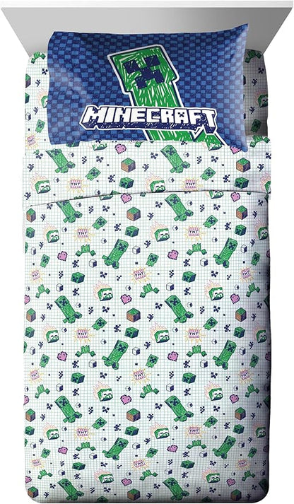 Jay Franco Kids Comforter Set Includes Sheets and Pillow Covers - Soft and Cozy Bed Set for Stylish Room Decor, Blue - Minecraft 02, 5 Piece Twin Bedding