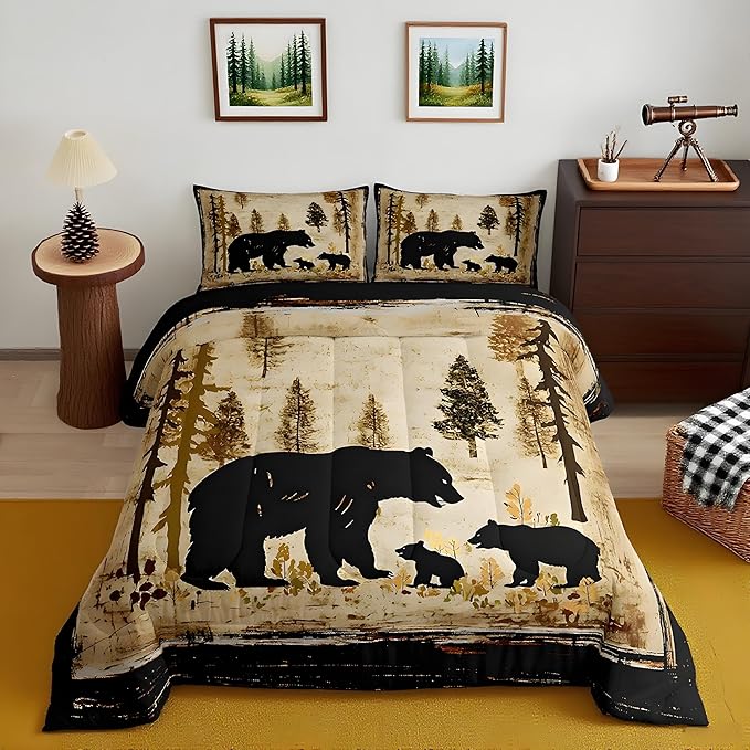 Feelyou Bear Bedding Set for Kids Toddler King Size Black Bears Comforter Set Boys Girls Cabin Rustic Farmhouse Bedding Set Wildlife Duvet Set 3Pcs