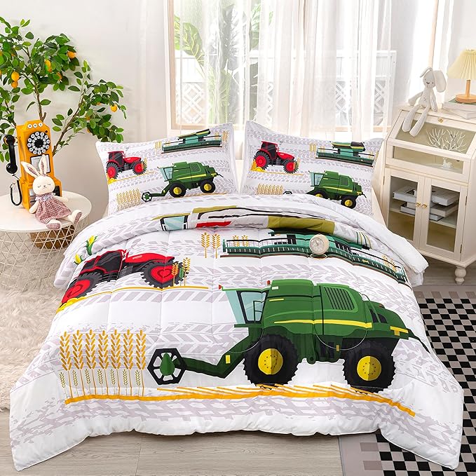 CVHOUSE Tractor Bedding Sets for Boys,Excavators Comforter Queen,Boys Cartoon Truck Comforter Set,Trucks Tractors Cars Quilt Set with 1 Comforter and 2 Pillow Cases- 3 Piece