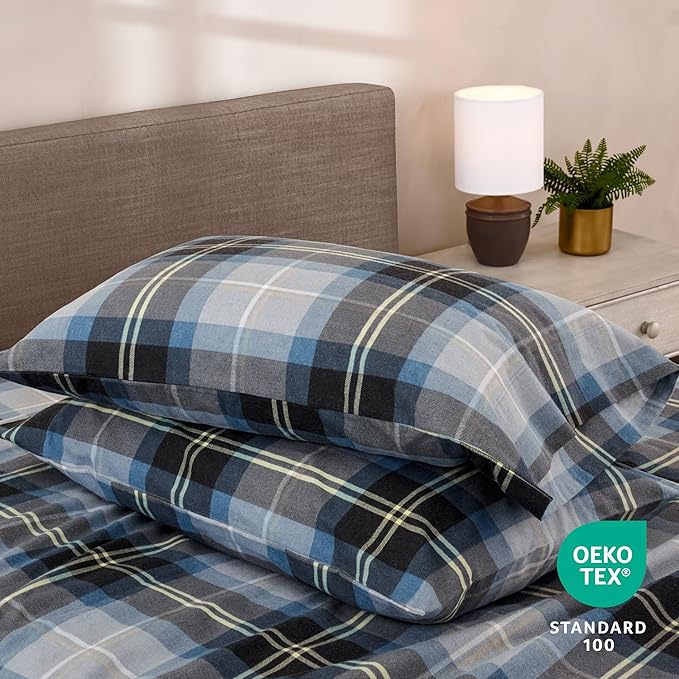 Bare Home Cotton Flannel Sheet Set Prints, 100% Cotton, Velvety Soft Heavyweight - Double Brushed for Softness & Comfort - Deep Pocket - Bed Sheets (Twin, Symphony Plaid - Blue)