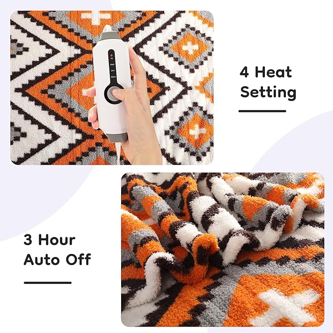 Electric Heated Throw Blanket 50"x60" - Bohemian Design with Plush Sherpa, 4 Heat Settings, 3-Hour Auto-Off, Machine Washable, for Couches and Beds, Diamond