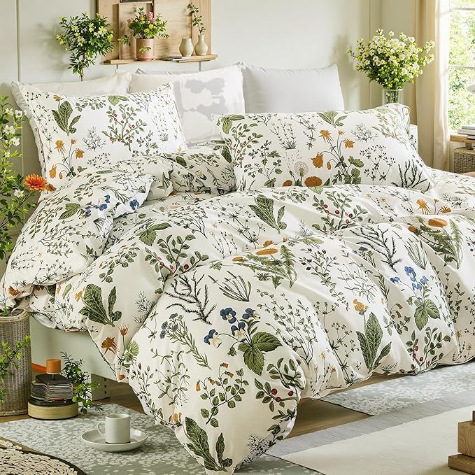 Duvet Cover Queen Size - 100% Cotton Reversible Floral Queen Duvet Cover Set with Zipper Closure, 3 Pieces Soft & Breathable Green Bedding Set for All Seasons