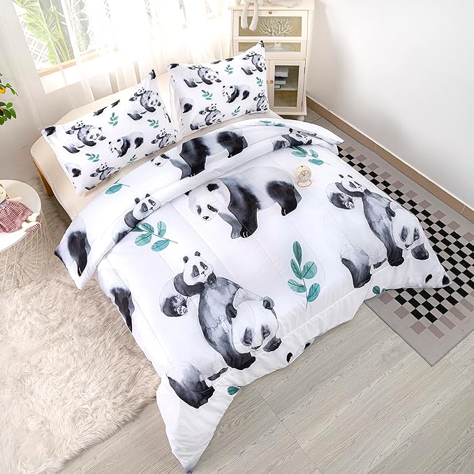 CVHOUSE Panda Bedding Set, Kawaii Panda Comforter Twin Set with 1 Comforter and 2 Pillow Cases - 3 Piece