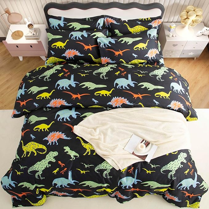 SDY 7PCS Dinosaur Comforter Set Queen Size Cute Printed Comforter Sets Bed in a Bag for Toddler,Girls Boys and Kids, with Comforter, Flat Sheet, Fitted Sheet and Pillowcases & Shams