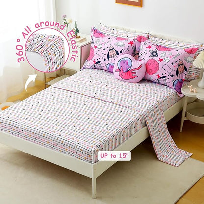 Mooreeke Kids Twin Comforter Sets for Girls 6 Pieces Cute Space Cat Bedding Set for Teens Microfiber Pink Kids Bed in A Bag with Comforter, Sheet Set, Shams and Decorative Toy Pillow All Season