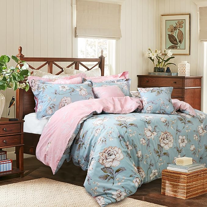 FADFAY Farmhouse Bedding Reversible Floral Duvet Cover Set Garden Style 100% Cotton Zipper Bedding Sets for Girls Natural Skin-Friendly Easy Care All-Season Use (3Pcs, Queen Size)