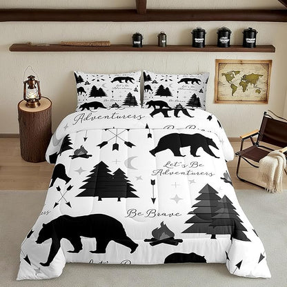 Camping Adventure Bear Comforter Set Twin Size,Hunt Animals Bedding Set for Kids Boys Men Adult Cabin Room Decor,Cartoon Pine Campfire Arrow Star Moon Quilt Set Black White Duvet Insert 2Pcs