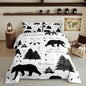 Camping Adventure Bear Comforter Set Full Size,Hunt Animals Bedding Set for Kids Boys Men Adult Cabin Room Decor,Cartoon Pine Campfire Arrow Star Moon Quilt Set Black White Duvet Insert 3Pcs