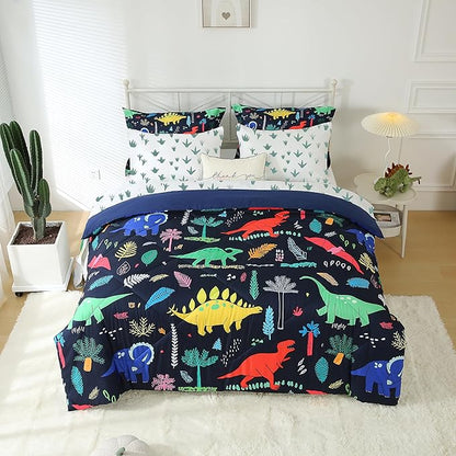 7 Piece Dinosaur Bedding Set Queen Size for Kids Boys Teens Cartoon Blue Dino Comforter Set with Sheet Colorful 3D Print Bed in a Bag