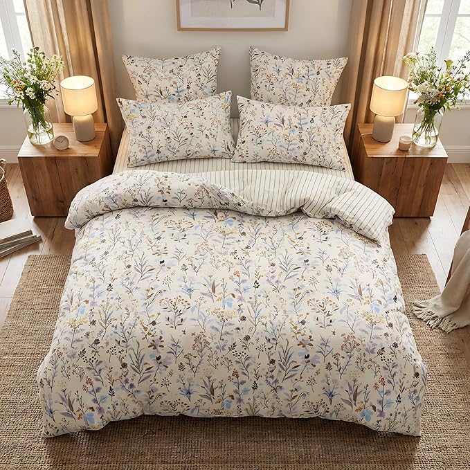 Floral Duvet Cover Queen Size Beige Striped Bedding Set with Purple Flowers 3 Pieces Kids Boys Girls Botanical Garden Style Stripe Reversible Fall Soft Microfiber Duvet Cover Set