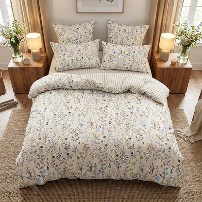 Floral Duvet Cover Queen Size Beige Striped Bedding Set with Purple Flowers 3 Pieces Kids Boys Girls Botanical Garden Style Stripe Reversible Fall Soft Microfiber Duvet Cover Set