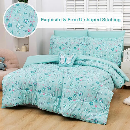 Mooreeke Bed in a Bag for Kids Girls Teens, 8 Pieces Full Size Comforter Bed Set with Shams, Sheet Set and Decorative Toy Pillow, Butterfly Mint Green Super Soft Microfiber Kids Comforter Bedding Set