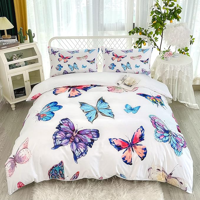CVHOUSE Butterfly Duvet Cover Set Full Size,Butterfly Bedding Set,Butterflies Printed Comforter Cover Set for Girls Kids Teens,1 Quilt Cover 2 Pillowcases 3 Piece
