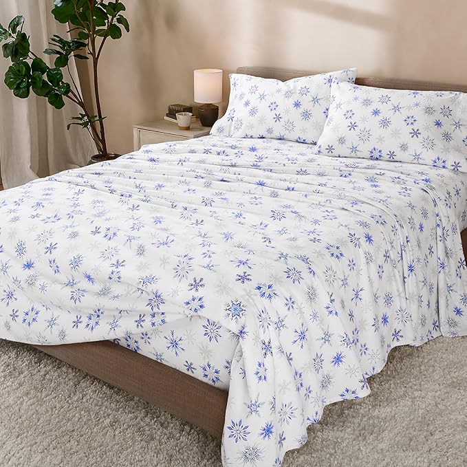 Bare Home Cotton Flannel Sheet Set Prints, 100% Cotton, Velvety Soft Heavyweight - Double Brushed for Softness & Comfort - Deep Pocket - Bed Sheets (Queen, Snowflakes)