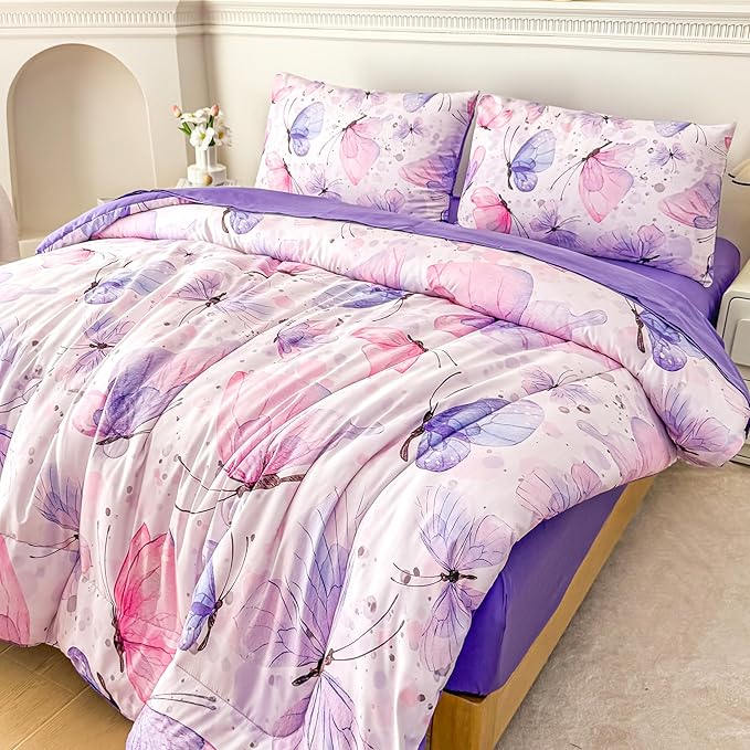 MWMWMW Butterfly Girls Comforter Set Twin, Pink Purple Butterflies Printed Pattern Bedding Set, 5 Pcs Cute Butterfly Bedding Set for Girls Teens Kids Bedroom with Comforter, Sheet Set, Pillowcase