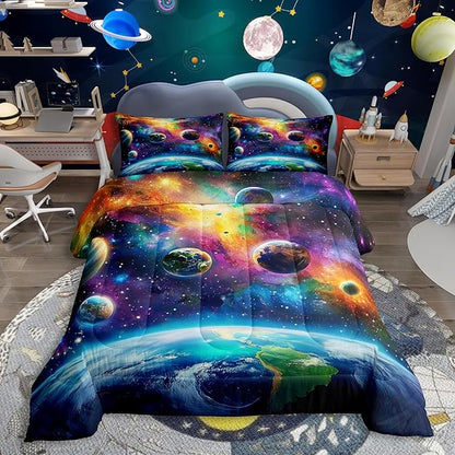 Feelyou Universe Galaxy Comforter Set Toddler Size Kids Planets Earth Bedding Set Boy Girl Teen Solar System Comforter Breathable Outer Space Duvet Set Nebula Quilt Set