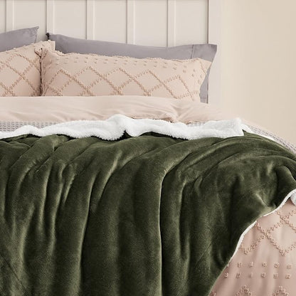 Bedsure GentleSoft Sherpa Fleece Blankets Queen Size for Bed - Thick and Warm Throw for Women and Men, Soft Fuzzy Plush Queen Blanket for Winter, Olive Green, 90x90 Inches