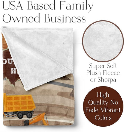 Personalized Blanket for Kids | Construction Truck Blanket | Fleece Throw for Boys and Girls | Kids & Toddlers | Tonka Bulldozer Dump Truck Loader Excavators (30x40 Fleece, V4)