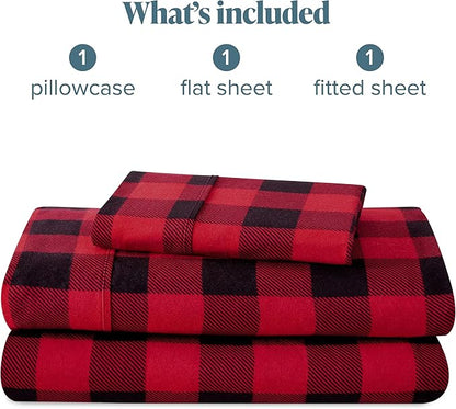 Bare Home Flannel Sheet Set Prints, 100% Cotton, Velvety Soft Heavyweight - Christmas Holiday Sheets - Double Brushed Flannel - Extra Softness, Comfort - Deep Pocket (Twin, Buffalo Plaid - Red/Black)