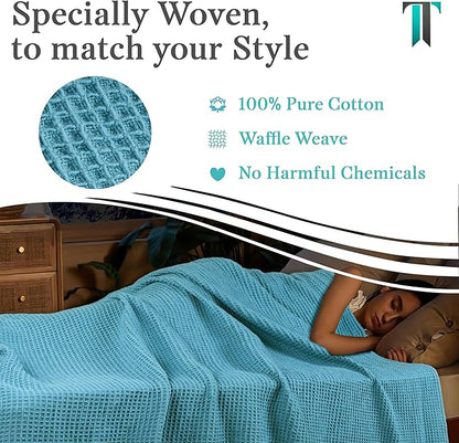 Tex Trend Waffle Blankets – 100% Cotton Blankets Queen Size – Breathable and Soft for Christmas – Suitable for Bed Layering, Sofa and Couch - Blue (90”x90”)