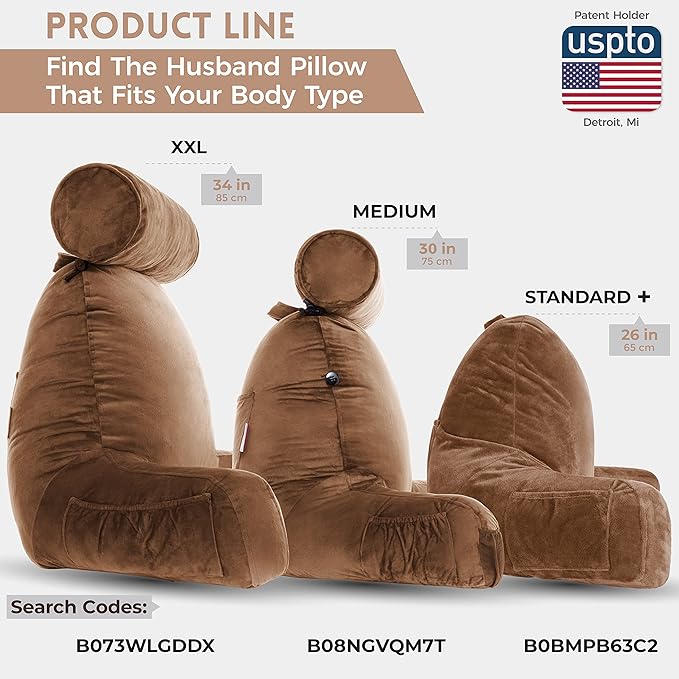 Husband Pillow XXL - Reading Pillow Bed Chair with Arms & Back Support - Chocolate - Back Pillow for Bed Sitting Up - Bed Rest Arm Pillow - Comfy Reading Pillow for Adults