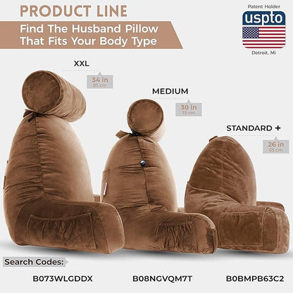 Husband Pillow XXL - Reading Pillow Bed Chair with Arms & Back Support - Chocolate - Back Pillow for Bed Sitting Up - Bed Rest Arm Pillow - Comfy Reading Pillow for Adults