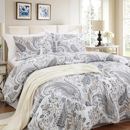 Blue Paisley Duvet Cover Queen Size 100% Cotton Soft & Breathable 3 Pcs Luxury Bedding Duvet Cover Sets with Zipper Closure All Season
