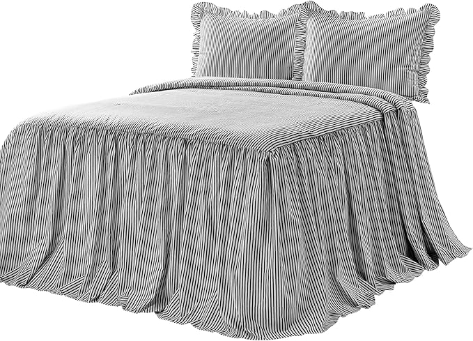 Lush Decor Ticking Stripe Bedspread King Size 3 Piece Set Black - Ruffle Bedding Set King Bedspreads - Striped Bedding - Farmhouse & Coquette Decor